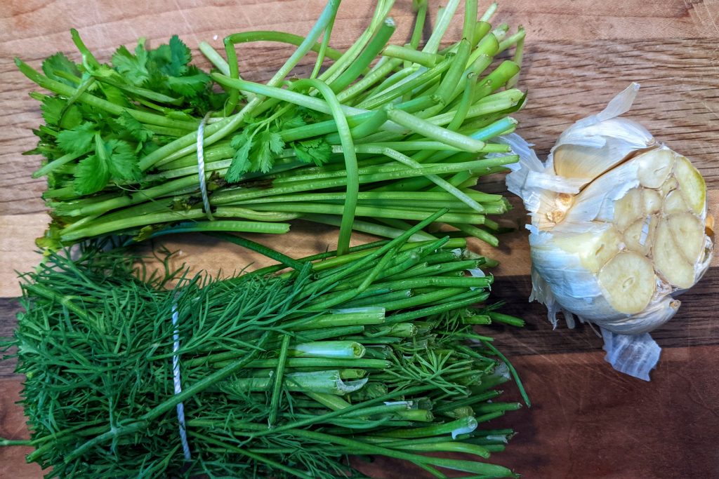 dill and cilantro bunches, stems only, for the stew