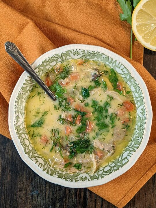 A single serving of homemade chicken soup garnished with cilantro.