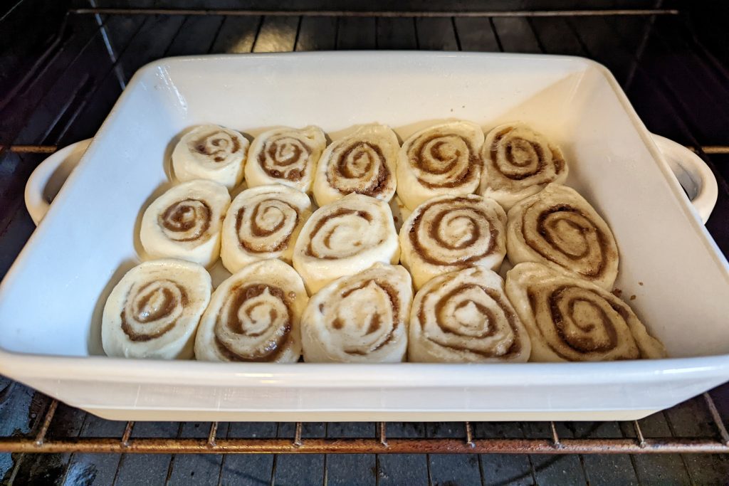 no yeast cinnamon rolls baking in the oven