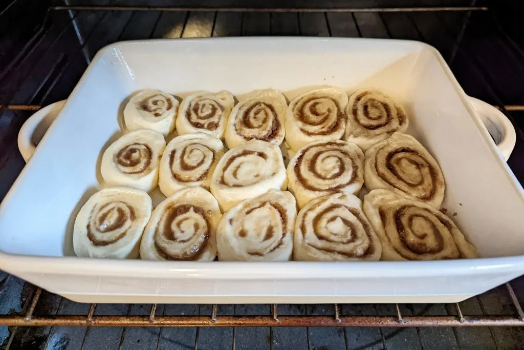 No Yeast cinnamon rolls baking in the oven.