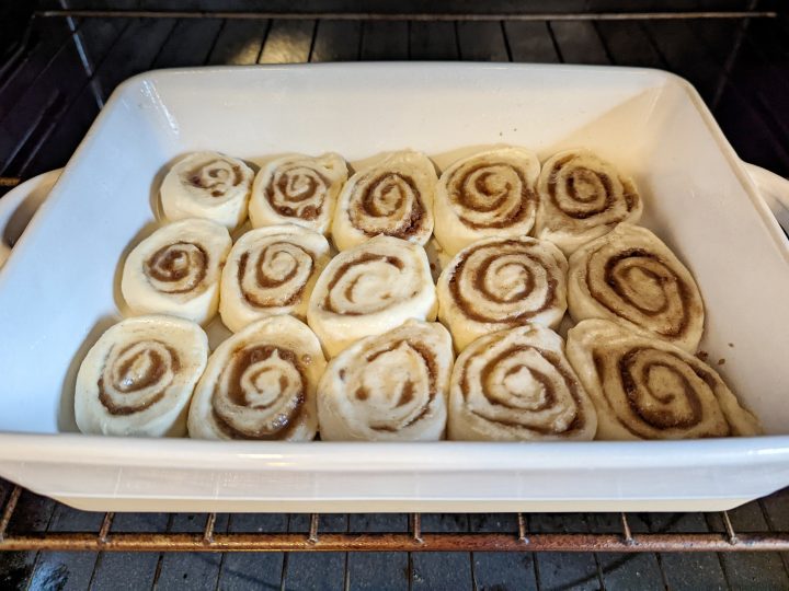 no yeast cinnamon rolls baking in the oven