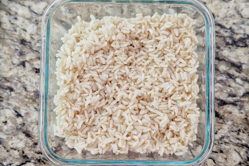 Chilled rice in a serving dish. 