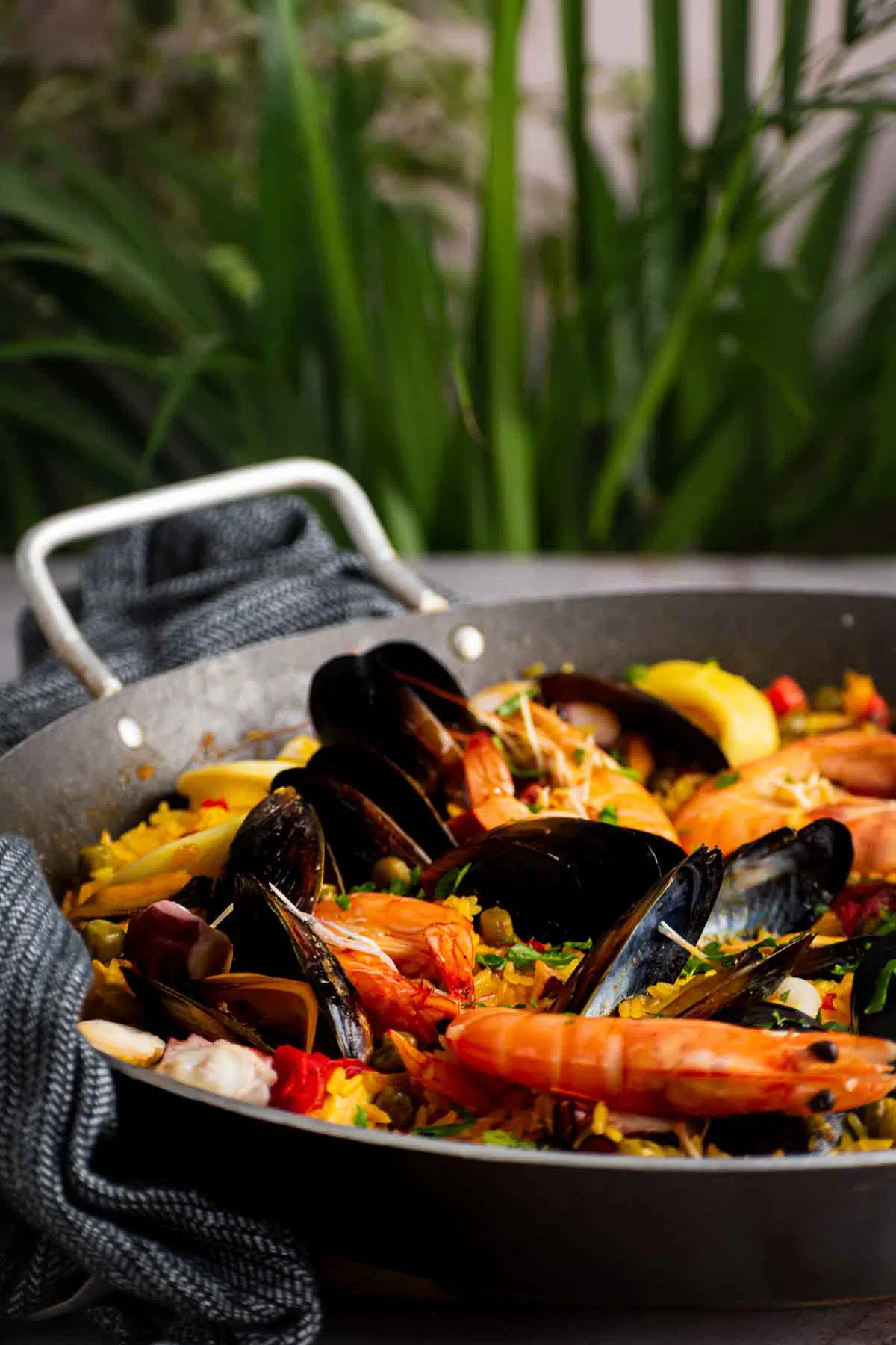 A side image of a wok full of paella.