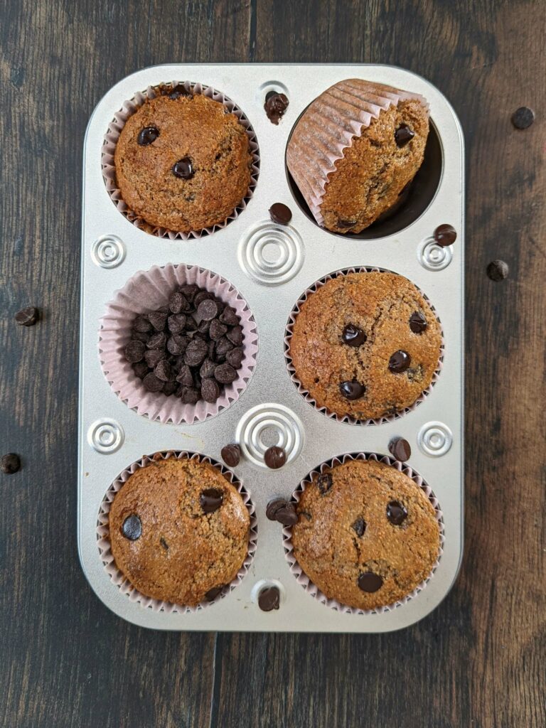 Chocolate protein muffins in a muffin tin with chocolate chips all around it.