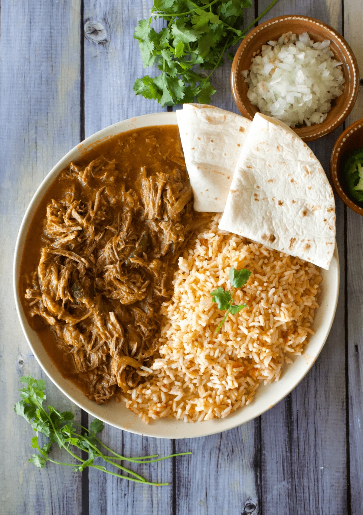 Carne deshebrada served with rice and tortillas.