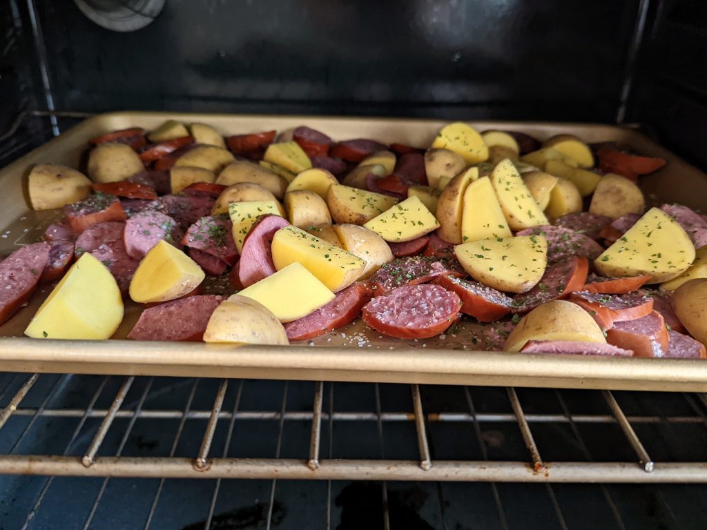 Throw the sheet-pan in the oven to cook.