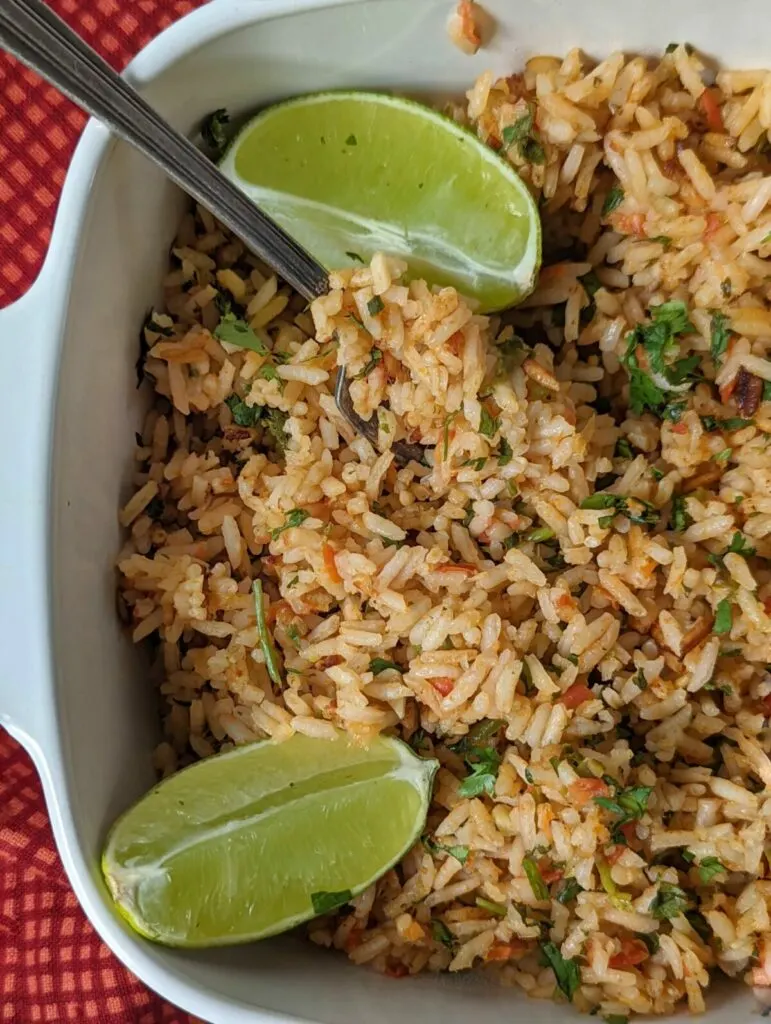 Vegan Mexican rice in a serving dish.