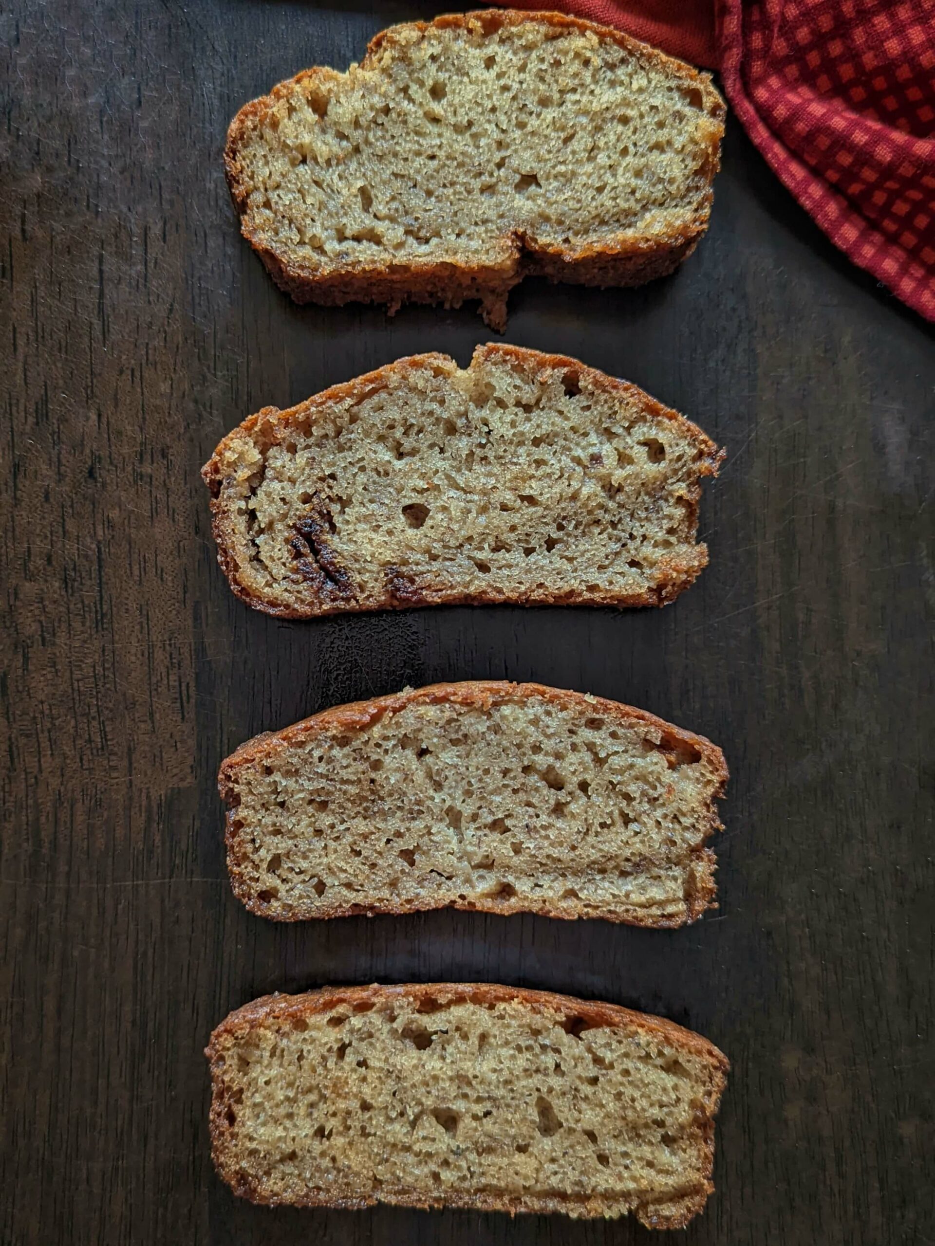Slices of banana bread lined up on a table.