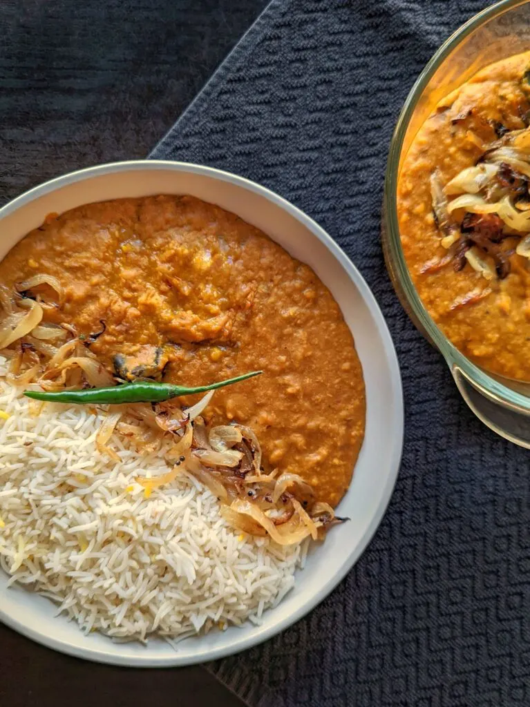 Moong dal in a bowl with rice. 