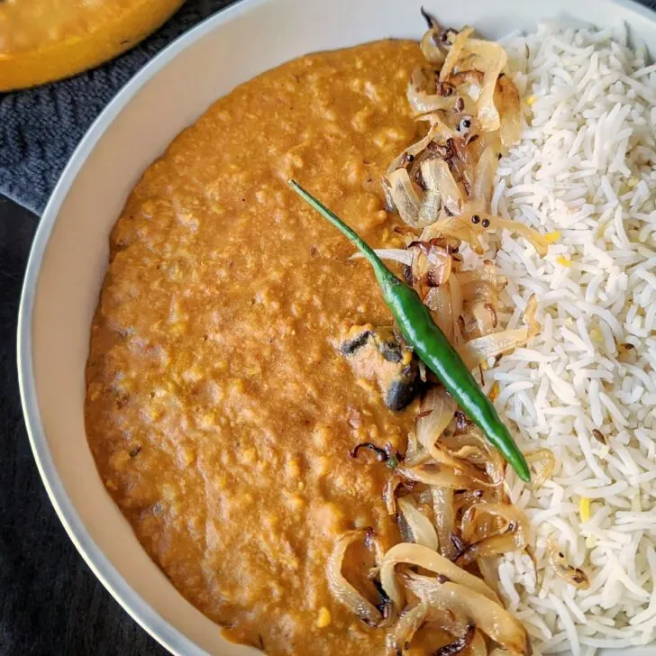 A single serving of Moong Dal with long-grained basmati rice.
