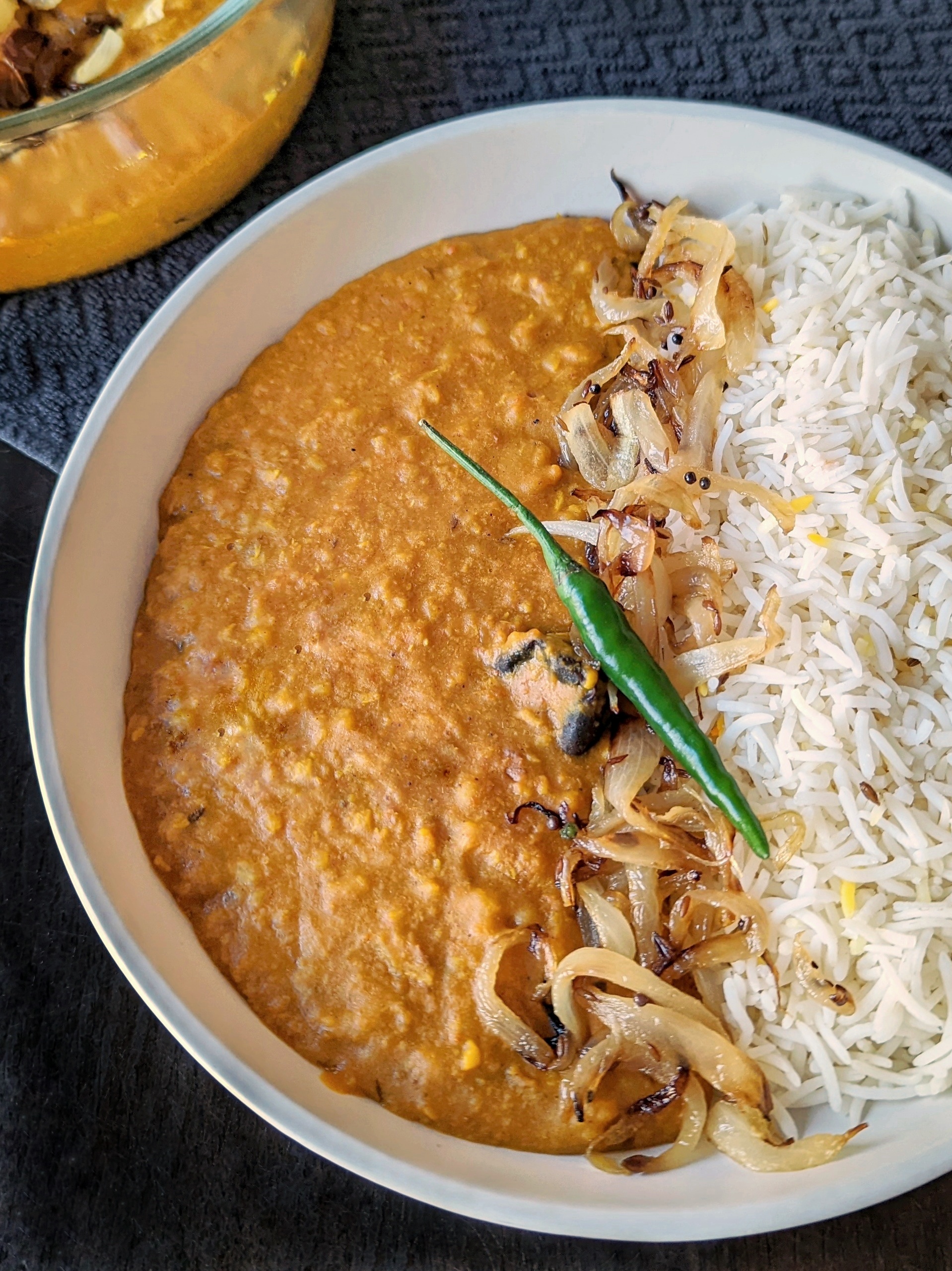 A single serving of Moong Dal with long-grained basmati rice.