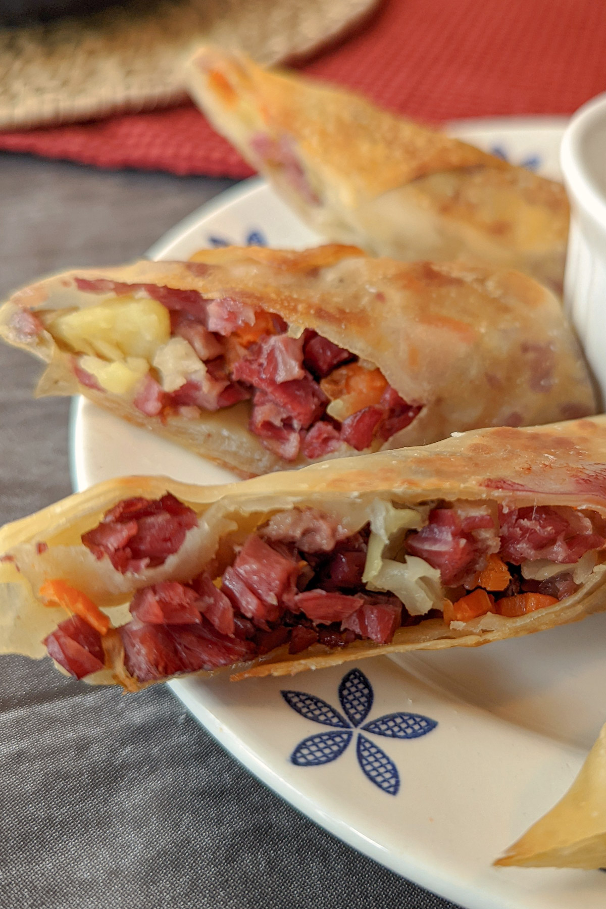 Corned Beef and Cabbage Egg Rolls on a plate.