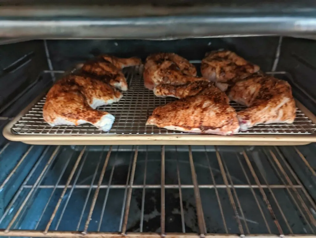 Chicken roasting in the oven.