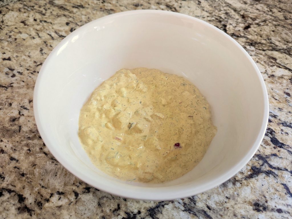 Combine the dressing for the healthy potato salad in a small bowl. 