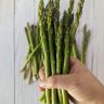 Fresh asparagus being held in a hand.