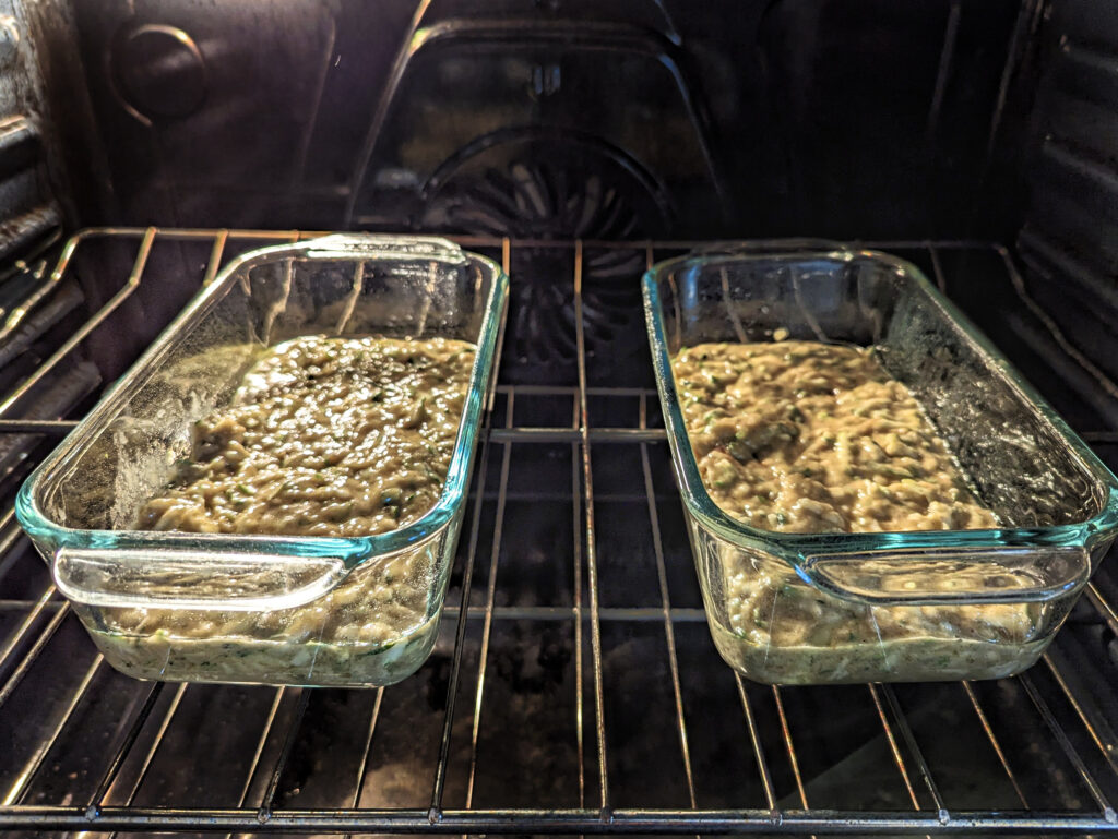 Zucchini bread baking in the oven.