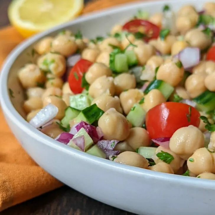 Chickpeas salad in a serving dish ready to eat.