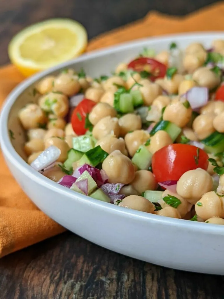 Chickpeas salad in a small bowl.