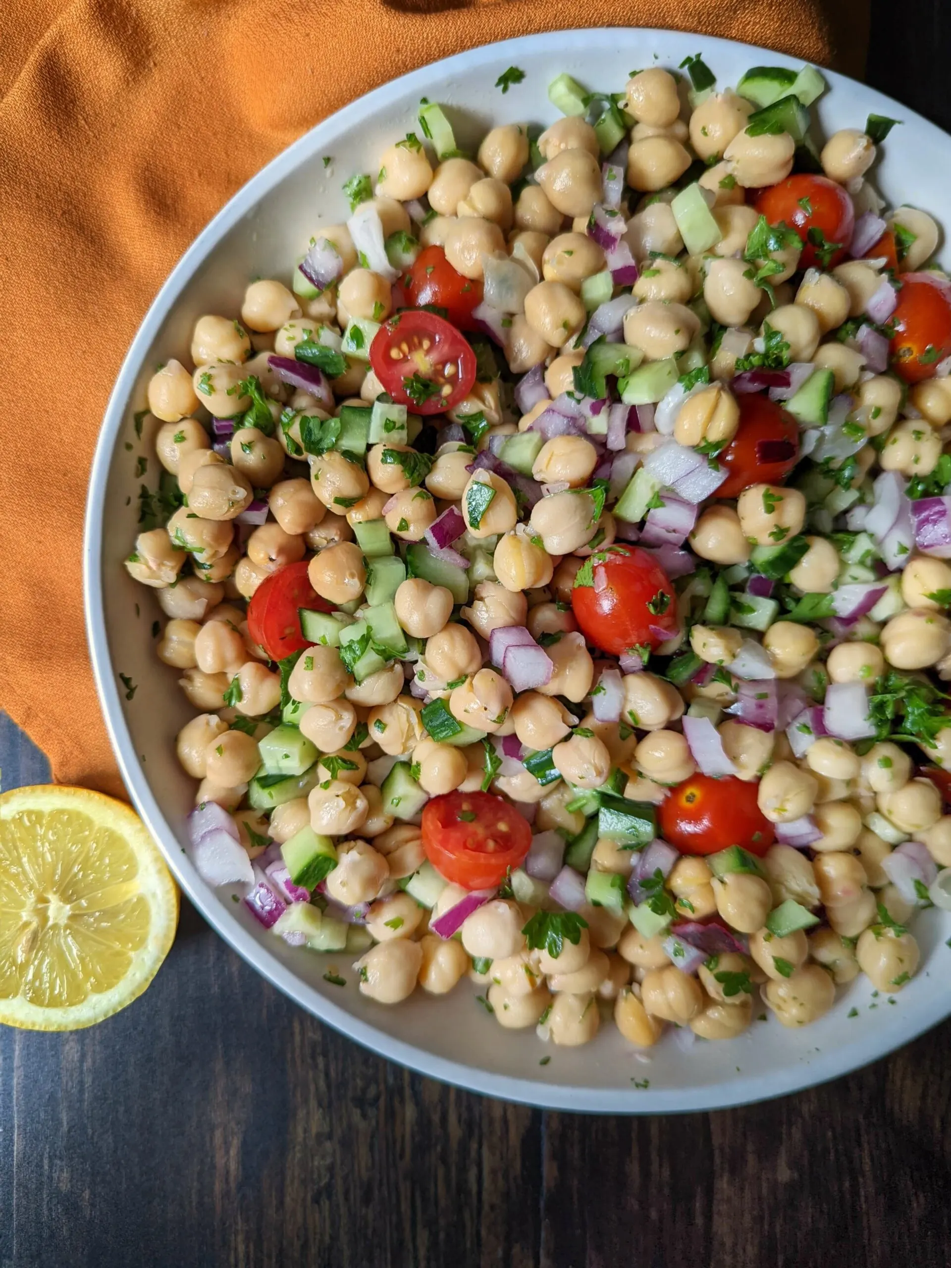 Chickpeas salad in a serving dish ready to eat.