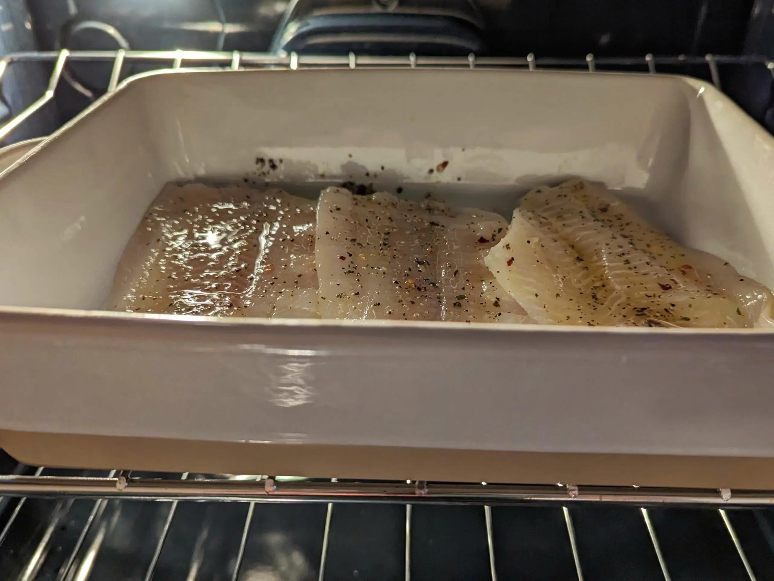Flounder baking in the oven.