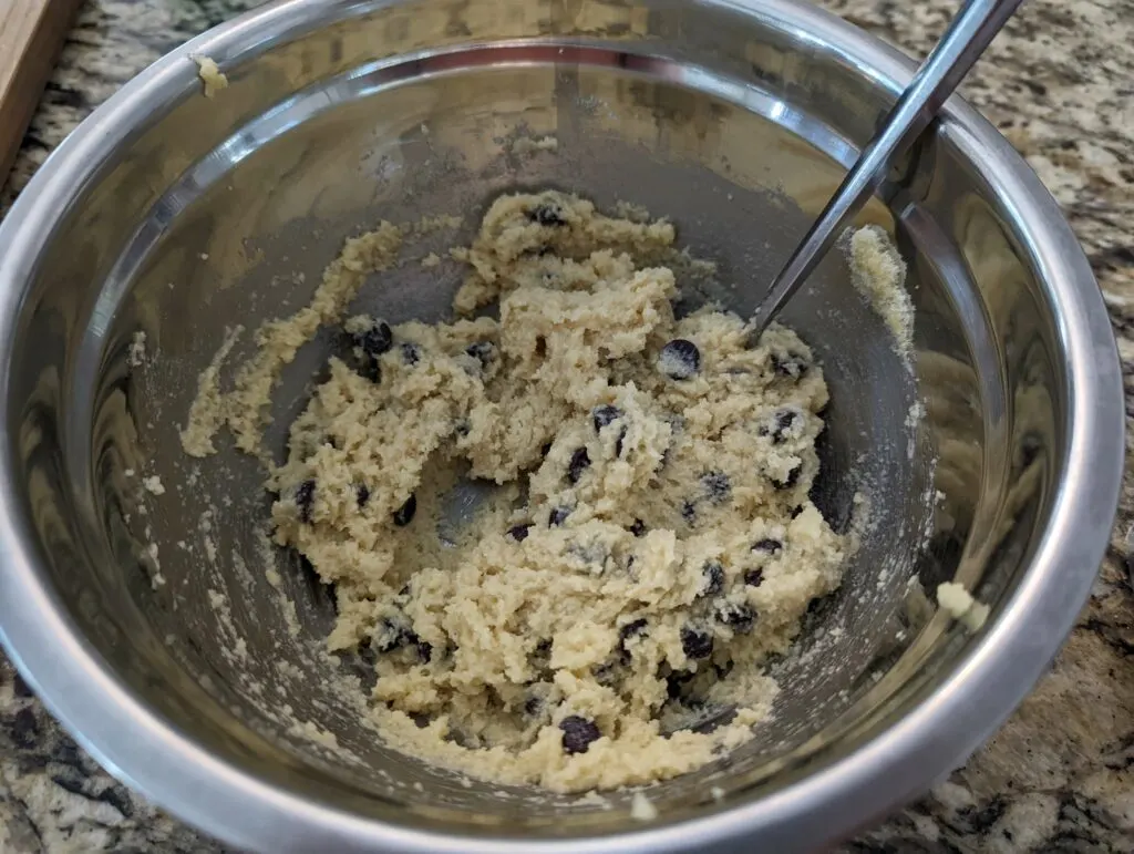 Chocolate chips folded into the batter.