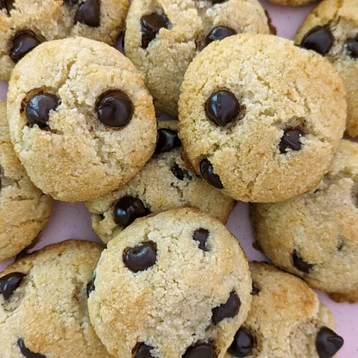 A close up of a batch of keto chocolate chip cookies.