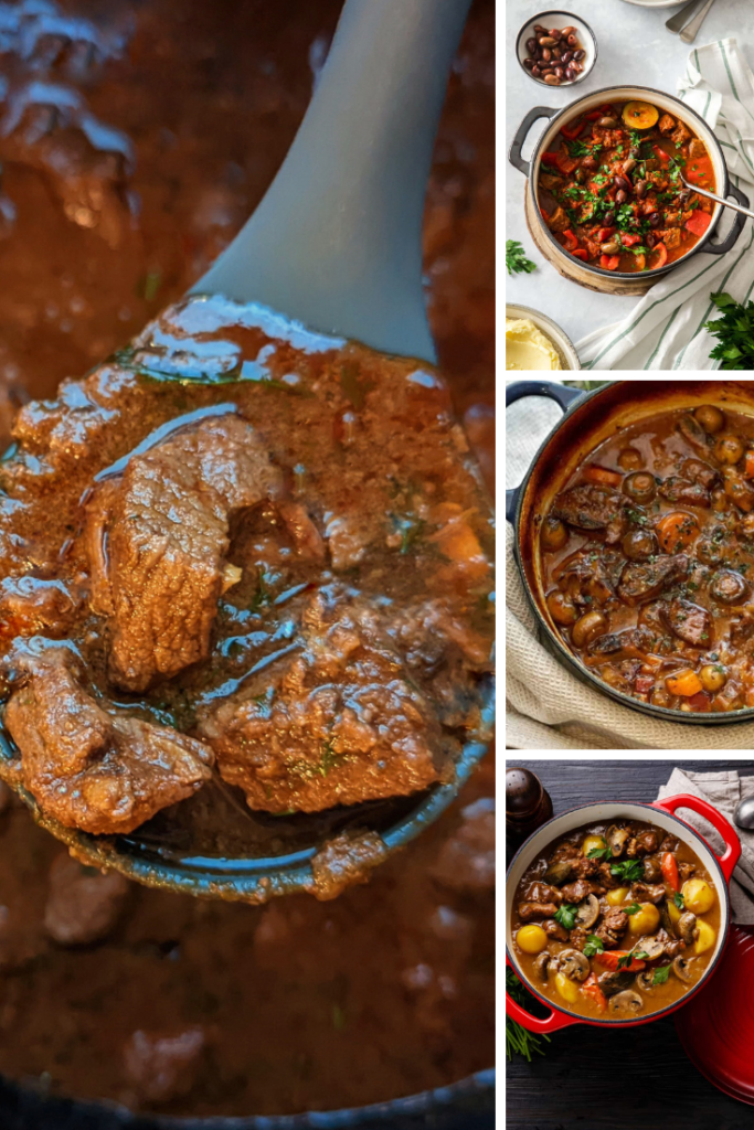 A collage of beef stew recipe pictures.