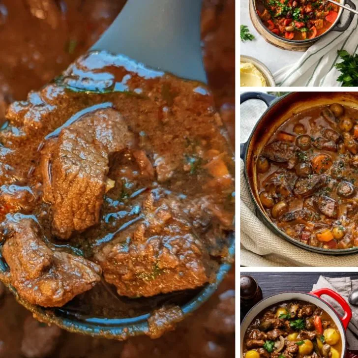 A collage of beef stew recipe pictures.