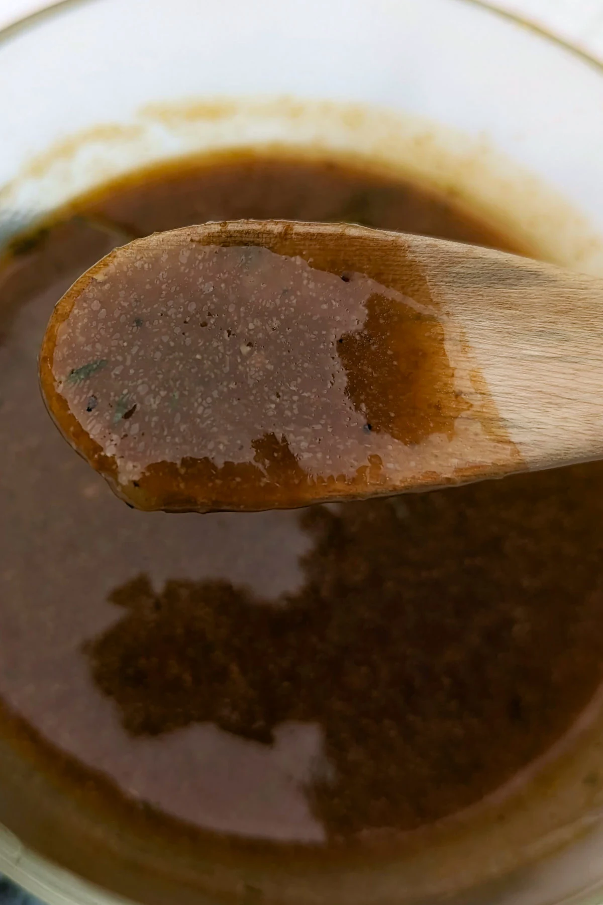 Homemade beef gravy in a pan.