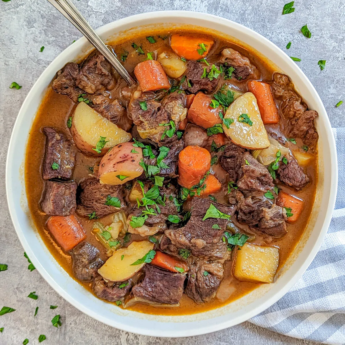 Instant Pot beef stew in a bowl.