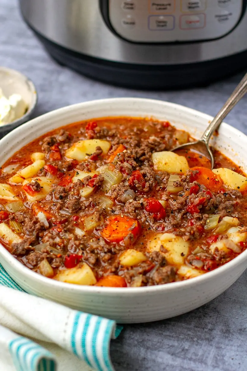 Ground beef stew in a bowl and ready to serve.