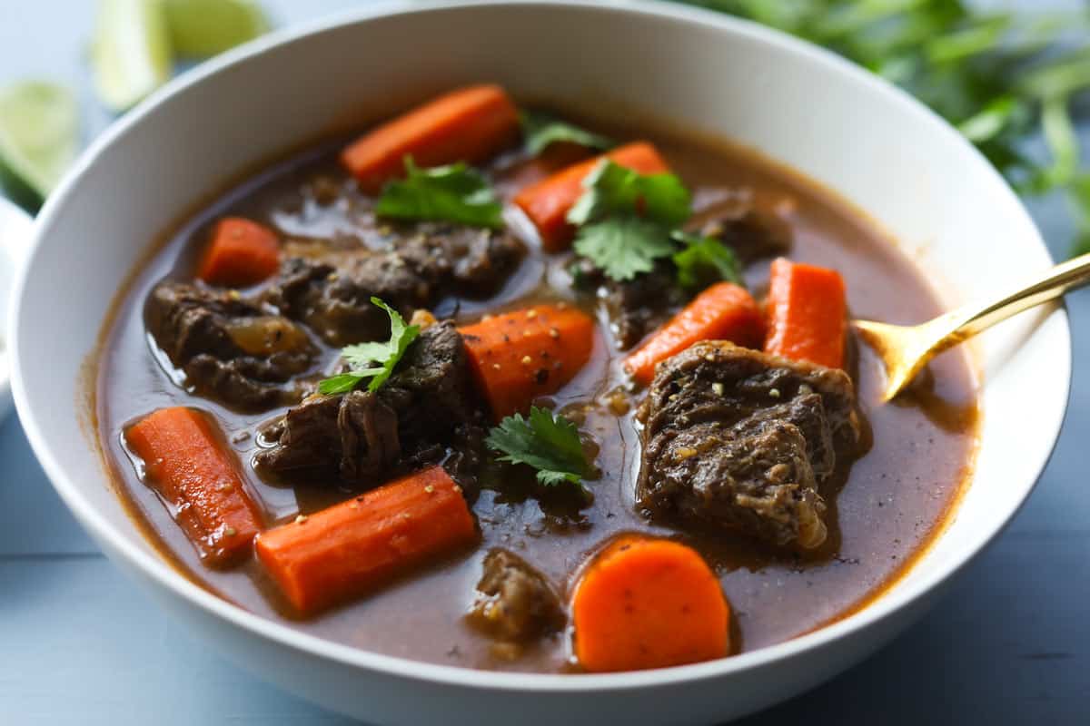 A zoom in look at chunky beef and carrots in this Vietnamese beef stew recipe.