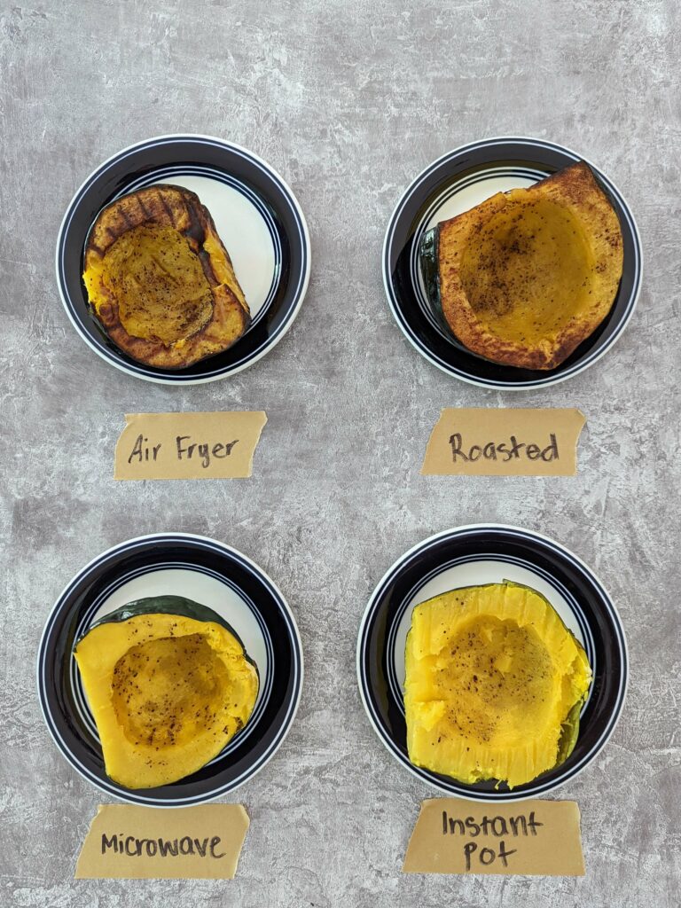 Cooked acorn squash made in the oven, air fryer, microwave, and Instant Pot side by side.