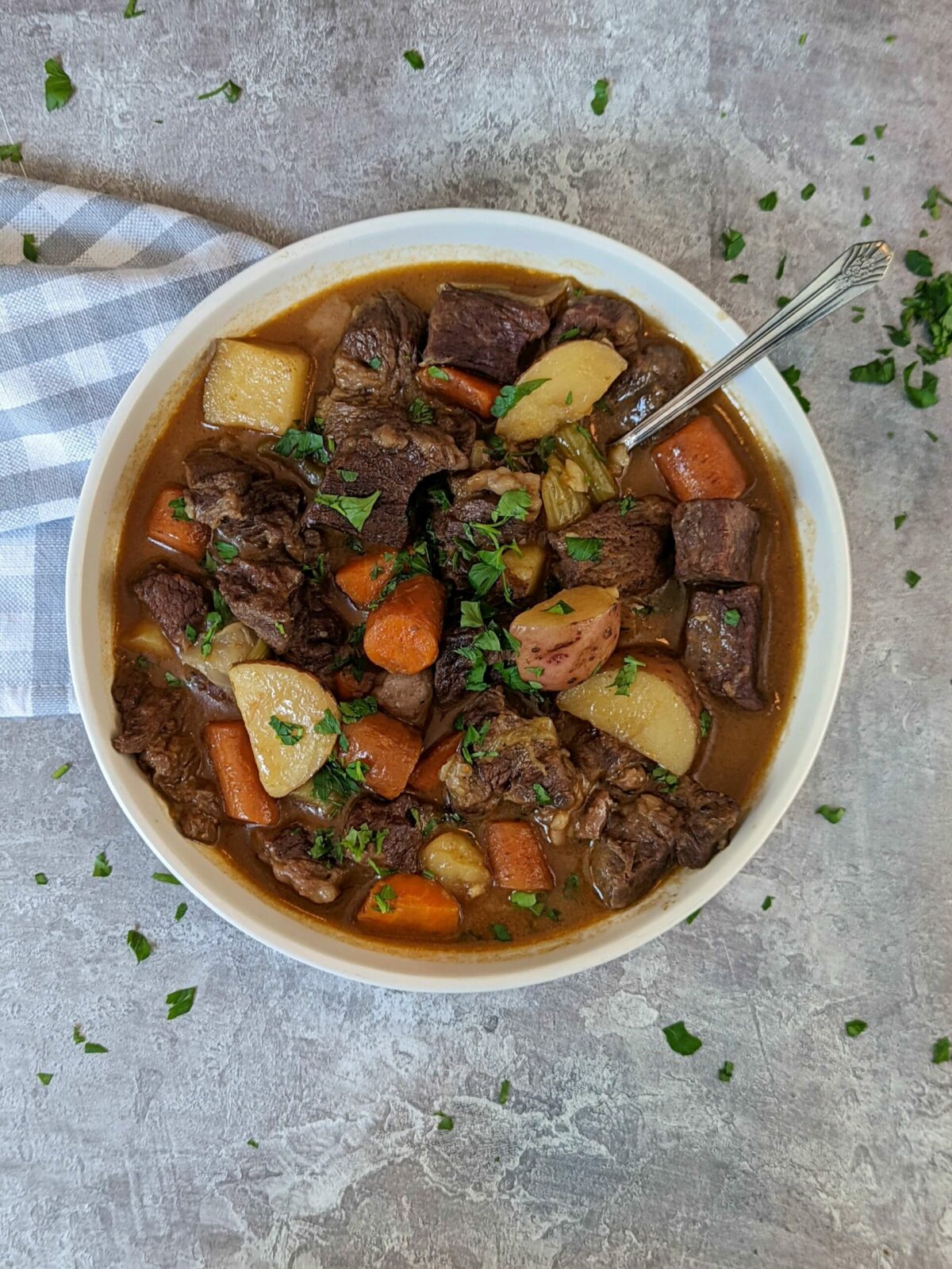 A bowl of Instant Pot beef stew.