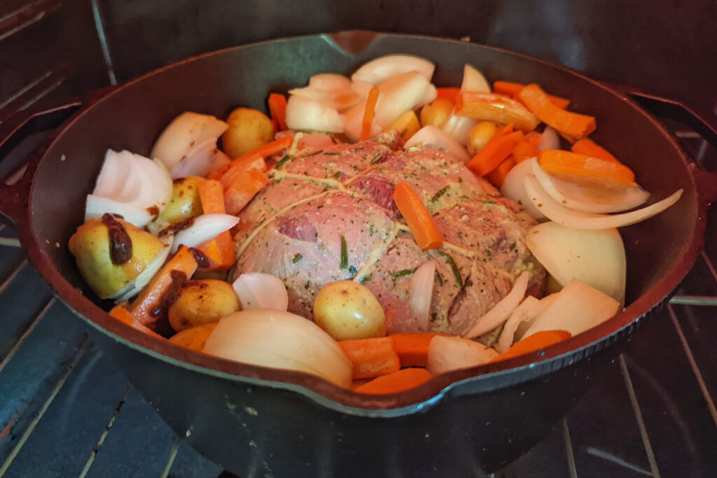 Lamb roast in the oven.