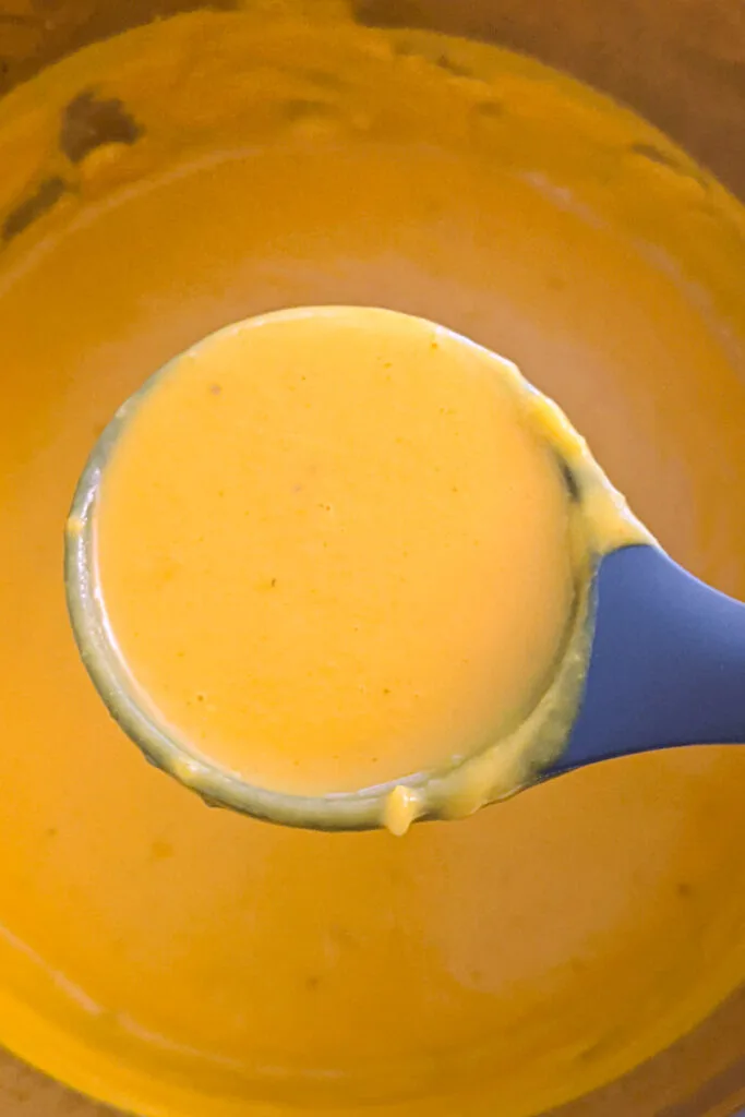 A scoop of instant pot butternut squash soup.