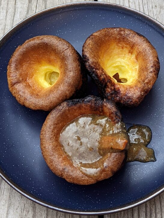 Keto Yorkshire pudding topped with beef drippings.