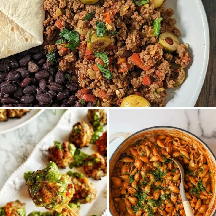 Cover Image for ground beef recipes showcasing picadillo, taco pasta, and meatballs.