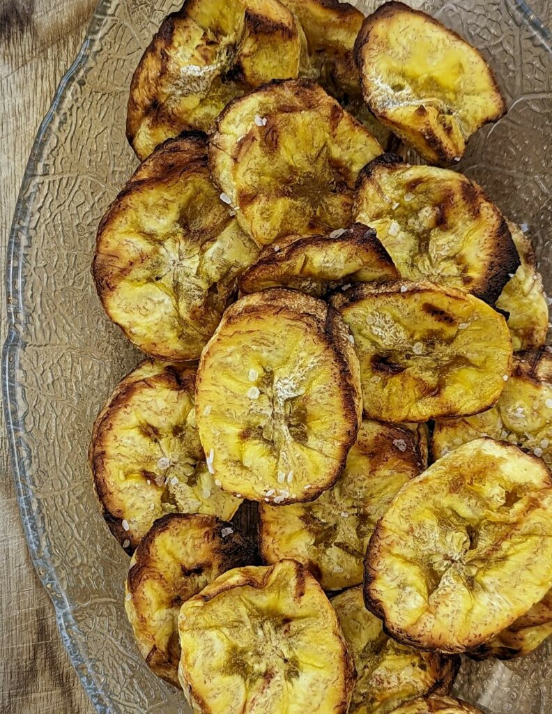A close up of air fried plantains.