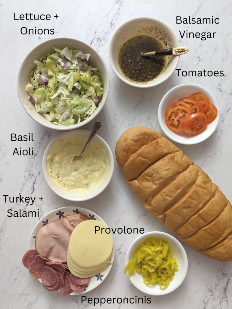 The ingredients for the Bella Hadid Sandwich recipe on a table.