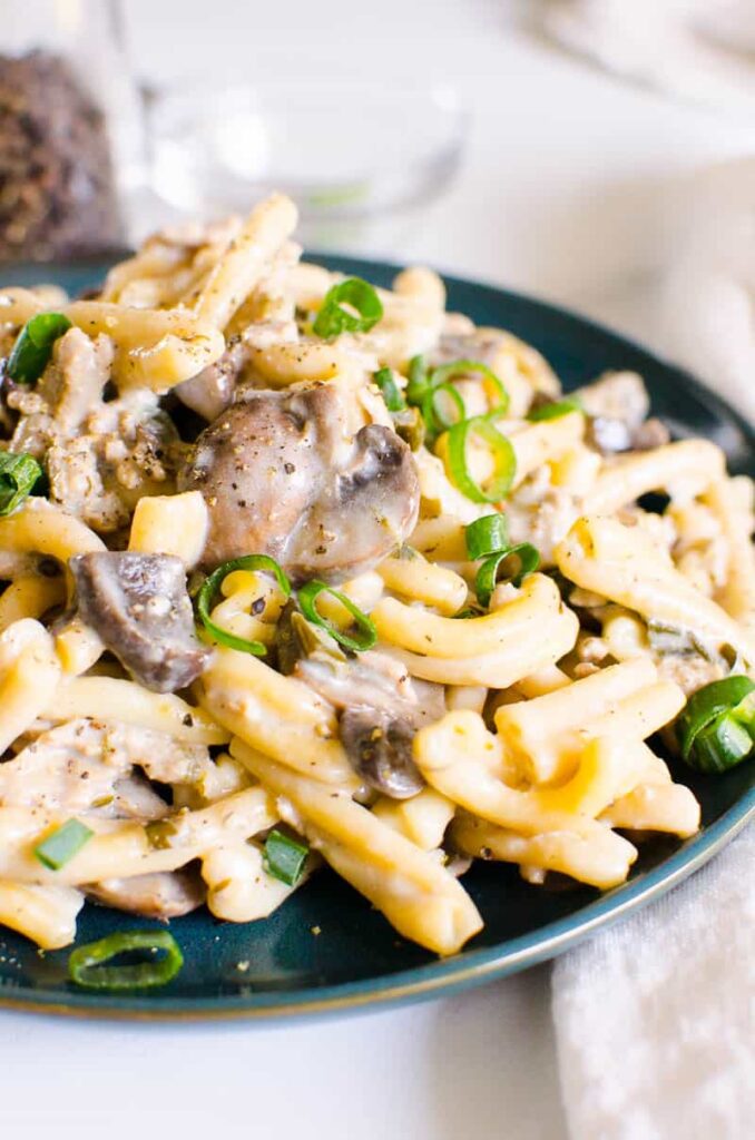 Instant Pot ground beef stroganoff on a plate.