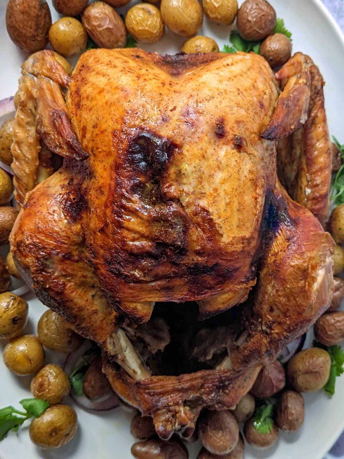 Tandoori turkey on a platter with roasted potatoes.