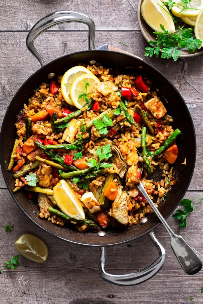 A skillet with paella.