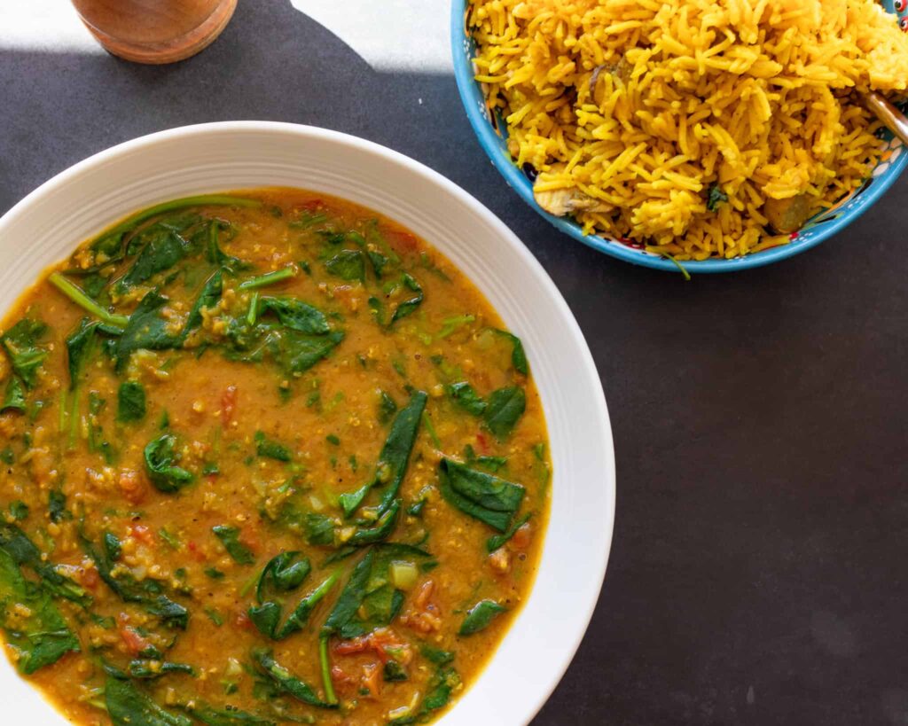 Spinach dal in a bowl.