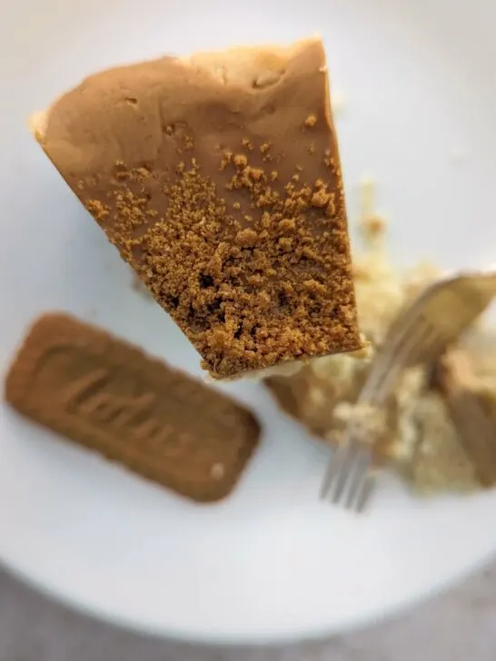 A slice of Biscoff cake with a cookie in the background.