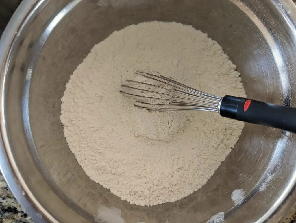 The dry ingredients in a mixing bowl. 