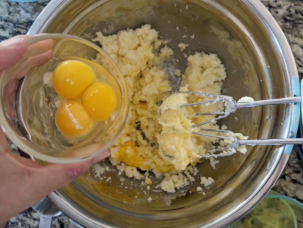 Yokes added to the wet ingredients.