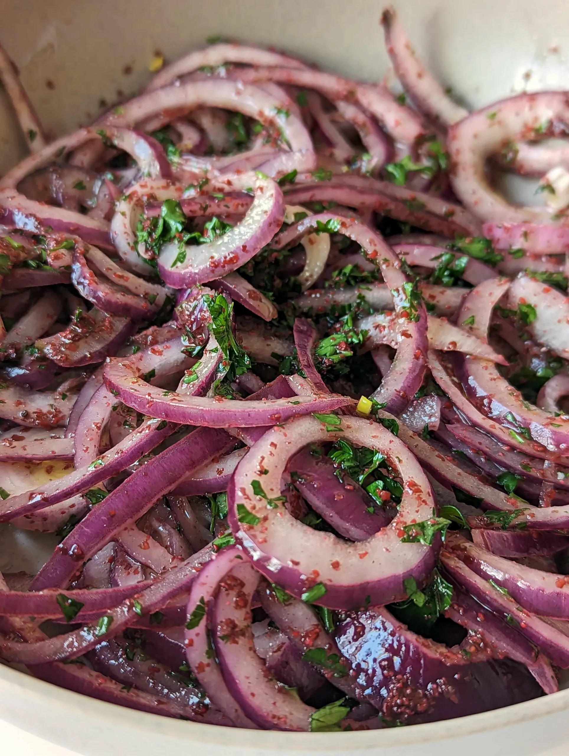 An up-close bowl of sumac onions.