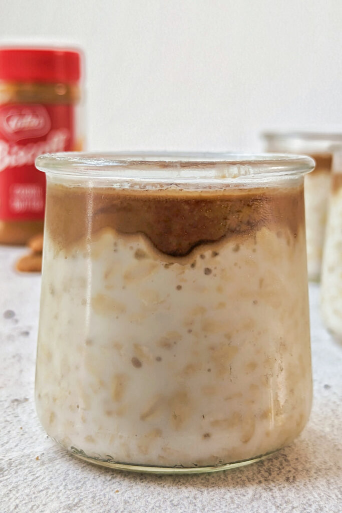 Biscoff overnight oats in a jar.