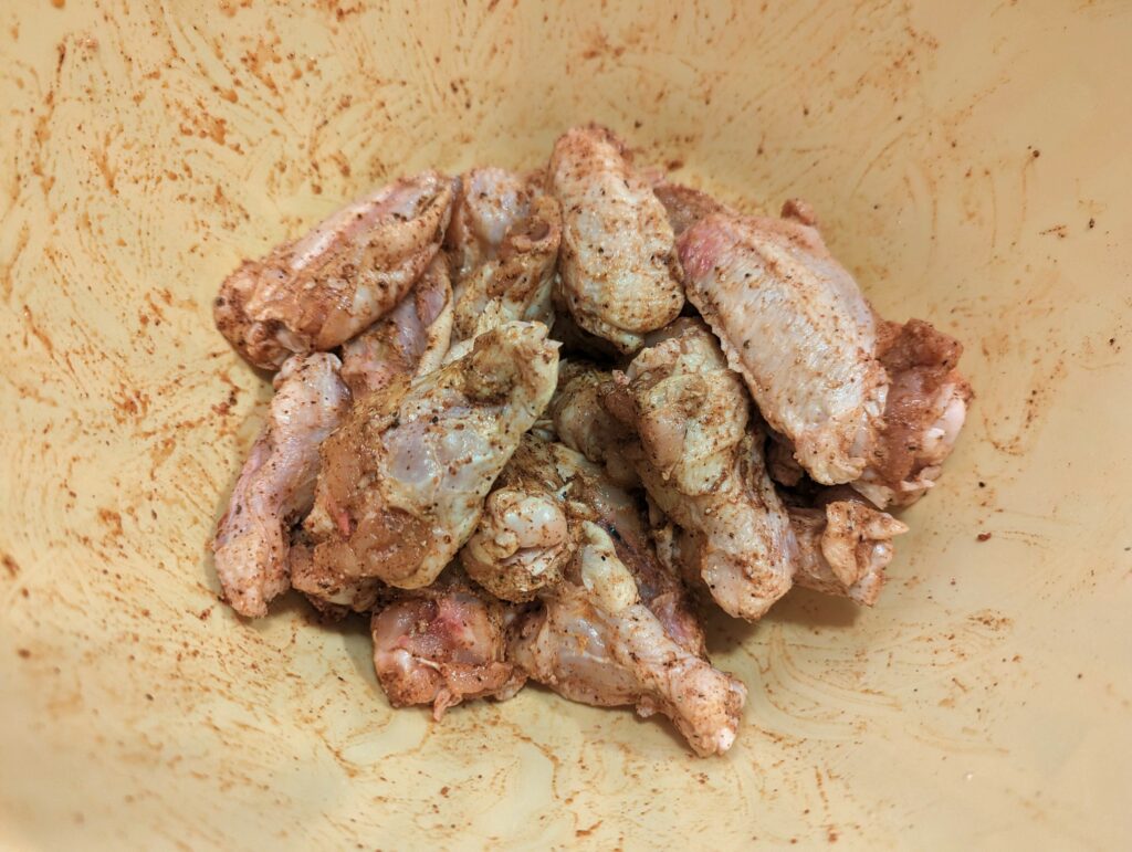 Chicken wings tossed with baking powder and bbq rub.